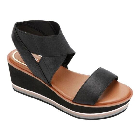 KENNETH COLE NEW YORK Womens Black Tri-Stripe 1-1/2 Platform Stretch Ankle Strap - Picture 1 of 3